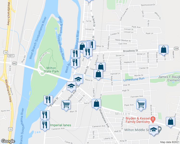 map of restaurants, bars, coffee shops, grocery stores, and more near 155 South Arch Street in Milton
