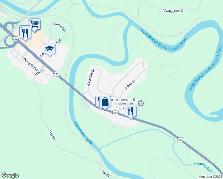 map of restaurants, bars, coffee shops, grocery stores, and more near 302 Meyers Circle in Clearfield