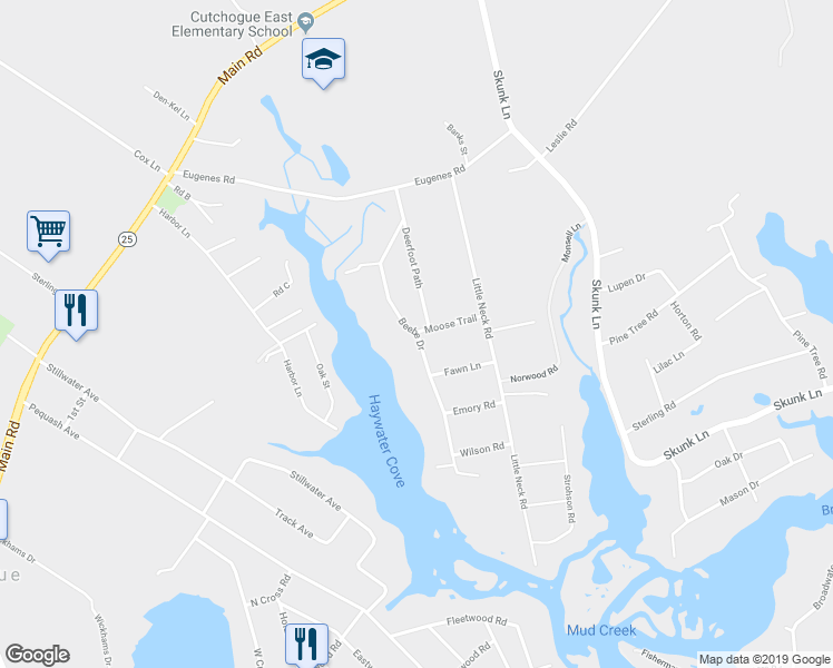 map of restaurants, bars, coffee shops, grocery stores, and more near 1850 Beebe Drive in Cutchogue