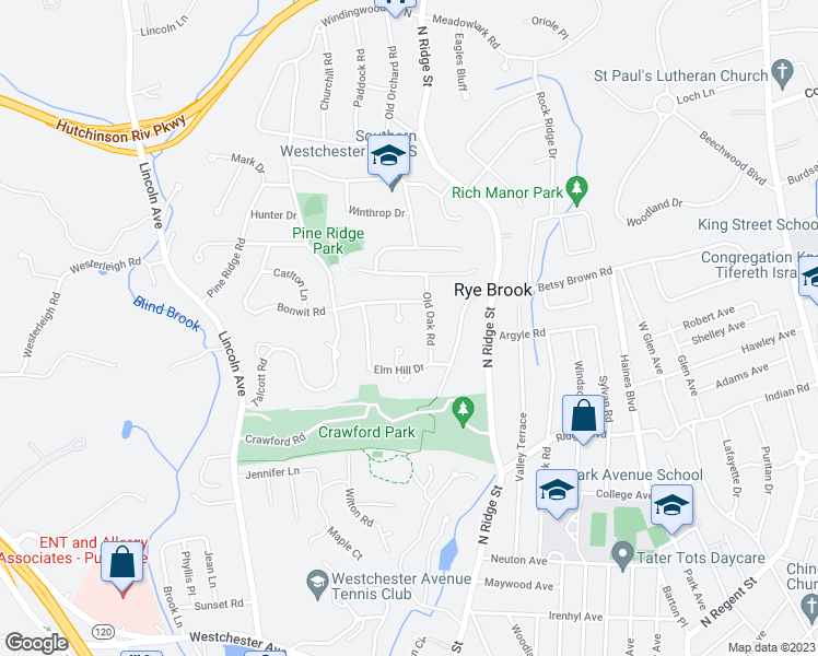 map of restaurants, bars, coffee shops, grocery stores, and more near 3 Greenhouse Circle in Rye Brook