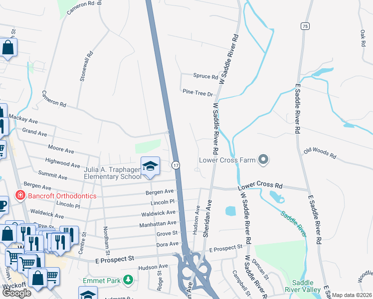 map of restaurants, bars, coffee shops, grocery stores, and more near 2350 New Jersey 17 in Saddle River