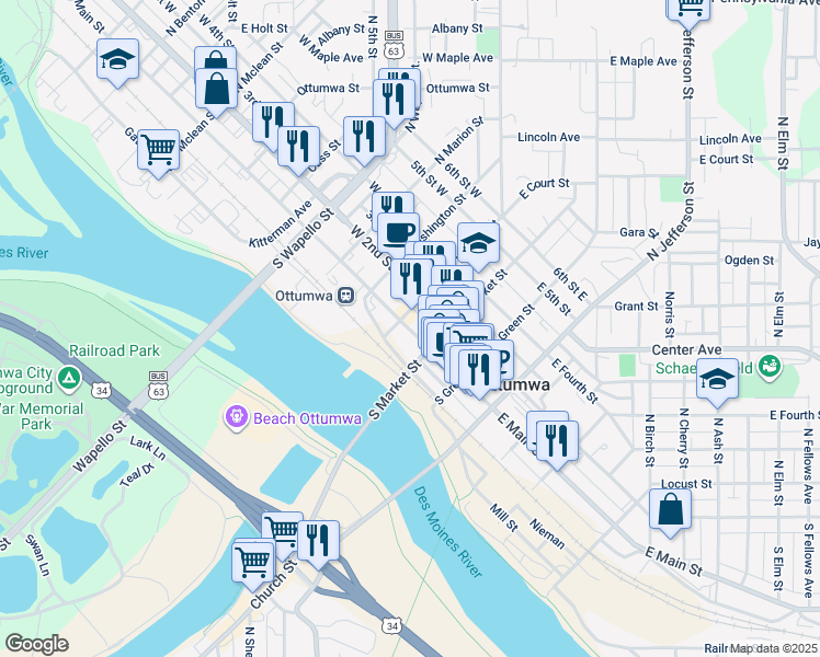 map of restaurants, bars, coffee shops, grocery stores, and more near 131 East Main Street in Ottumwa