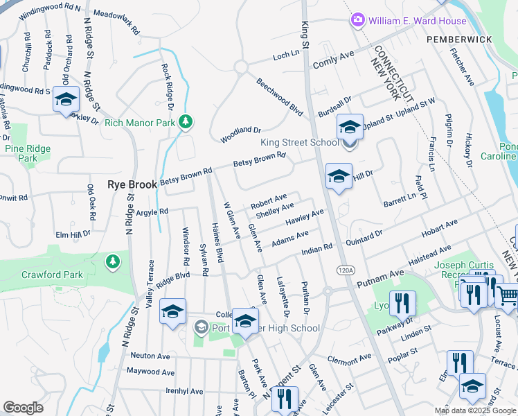 map of restaurants, bars, coffee shops, grocery stores, and more near 111 Robert Avenue in Port Chester