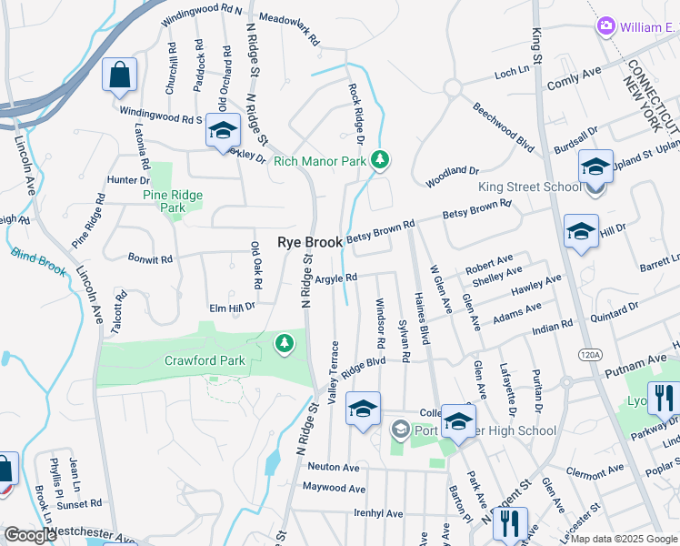 map of restaurants, bars, coffee shops, grocery stores, and more near 15 Argyle Road in Rye Brook