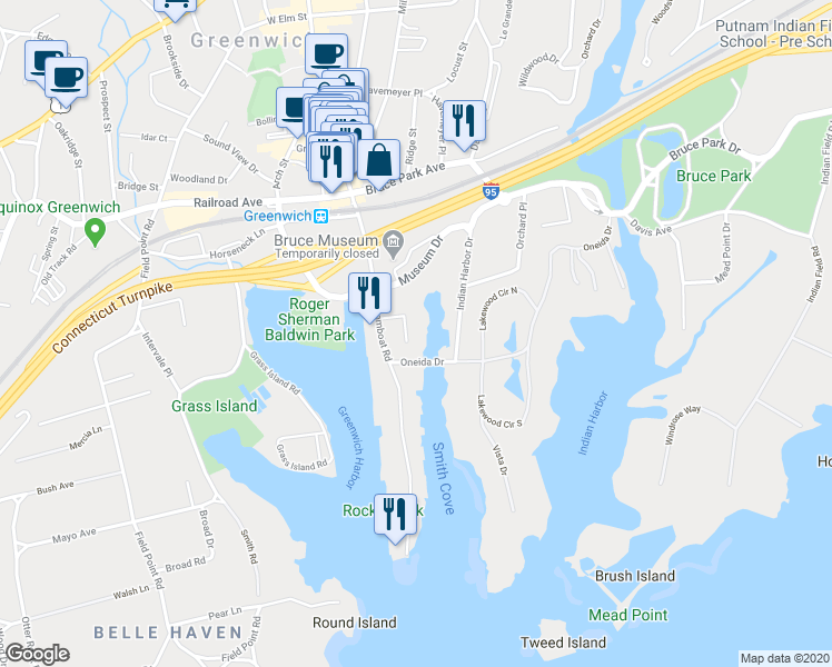 map of restaurants, bars, coffee shops, grocery stores, and more near 17 Davenport Avenue in Greenwich