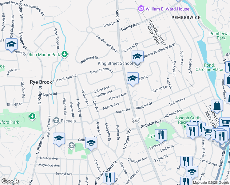 map of restaurants, bars, coffee shops, grocery stores, and more near 58 Hawley Avenue in Port Chester