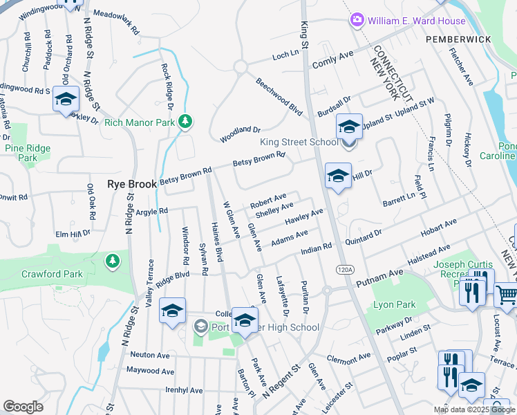 map of restaurants, bars, coffee shops, grocery stores, and more near 111 Robert Avenue in Port Chester