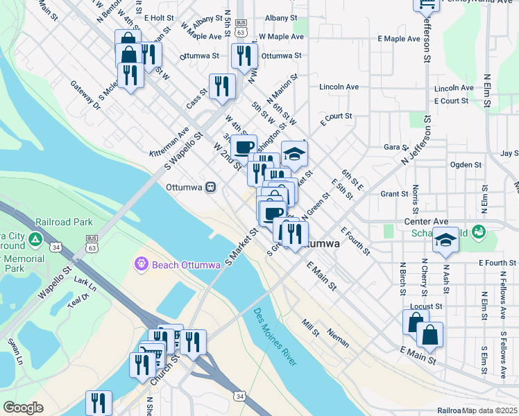 map of restaurants, bars, coffee shops, grocery stores, and more near 119 East Main Street in Ottumwa