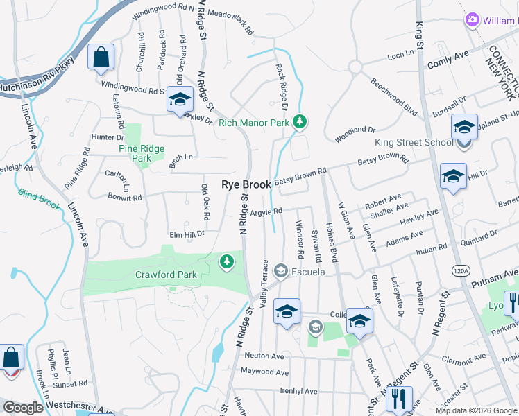 map of restaurants, bars, coffee shops, grocery stores, and more near 15 Argyle Road in Rye Brook