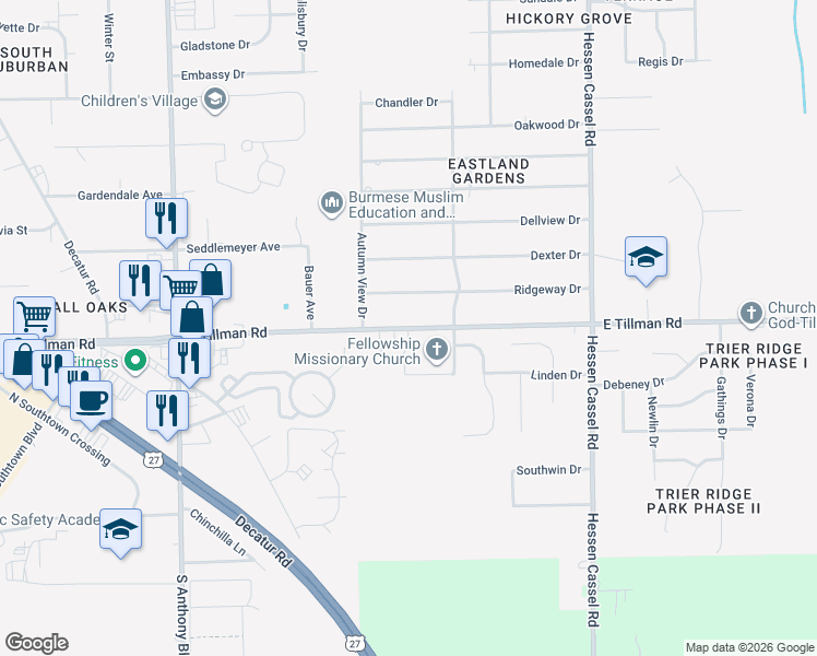 map of restaurants, bars, coffee shops, grocery stores, and more near 2648 East Tillman Road in Fort Wayne