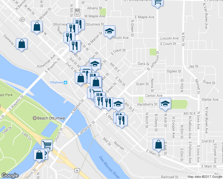 map of restaurants, bars, coffee shops, grocery stores, and more near 315 4th Street East in Ottumwa