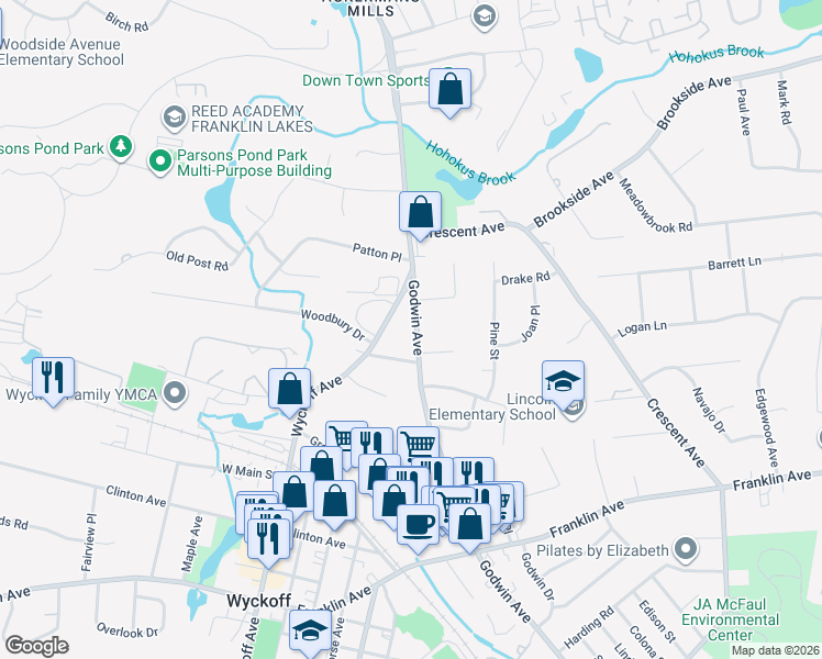 map of restaurants, bars, coffee shops, grocery stores, and more near 385 Godwin Avenue in Wyckoff
