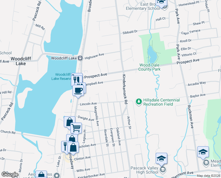 map of restaurants, bars, coffee shops, grocery stores, and more near 15 Evergreen Street in Woodcliff Lake