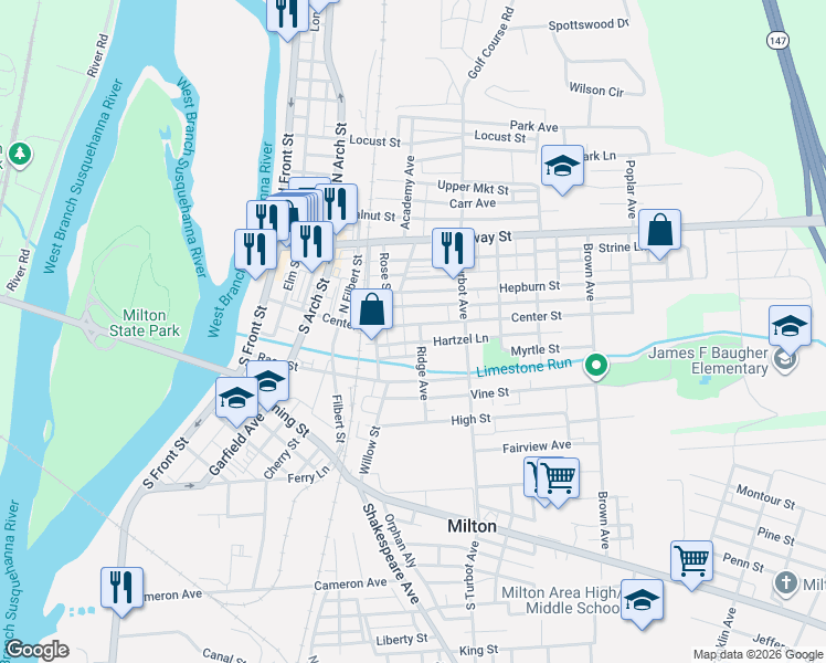 map of restaurants, bars, coffee shops, grocery stores, and more near 119 Ridge Avenue in Milton