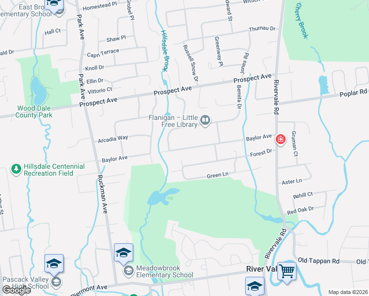 map of restaurants, bars, coffee shops, grocery stores, and more near 537 Baylor Avenue in River Vale