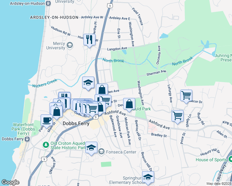 map of restaurants, bars, coffee shops, grocery stores, and more near 50 Belden Avenue in Dobbs Ferry