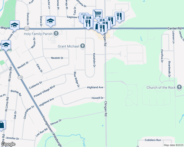 map of restaurants, bars, coffee shops, grocery stores, and more near 6846 Katahdin Drive in Youngstown