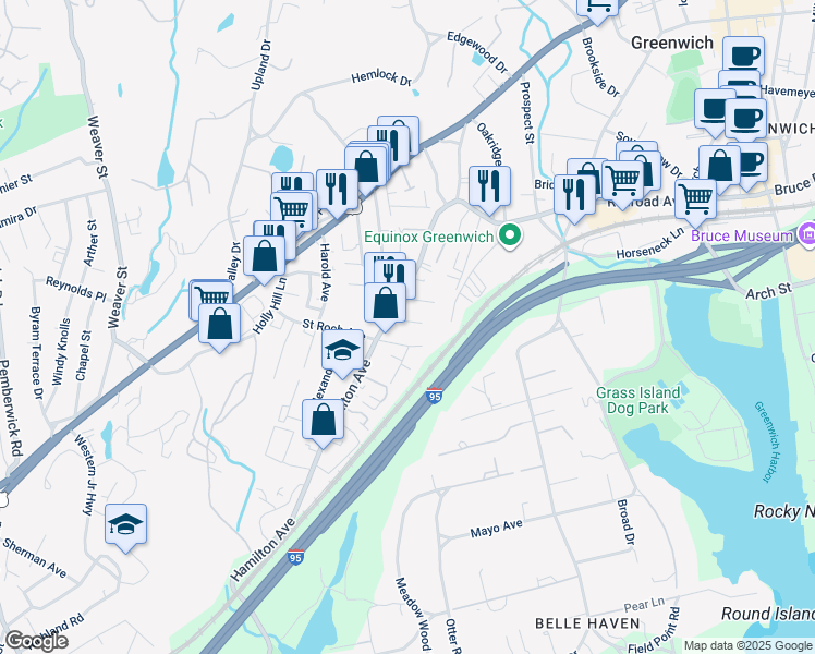 map of restaurants, bars, coffee shops, grocery stores, and more near 18 Stone Avenue in Greenwich