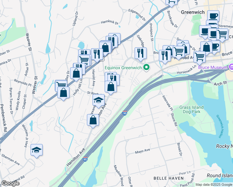 map of restaurants, bars, coffee shops, grocery stores, and more near 18 Stone Avenue in Greenwich