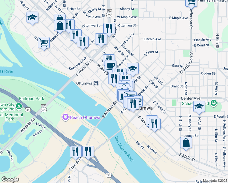 map of restaurants, bars, coffee shops, grocery stores, and more near 131 East Main Street in Ottumwa