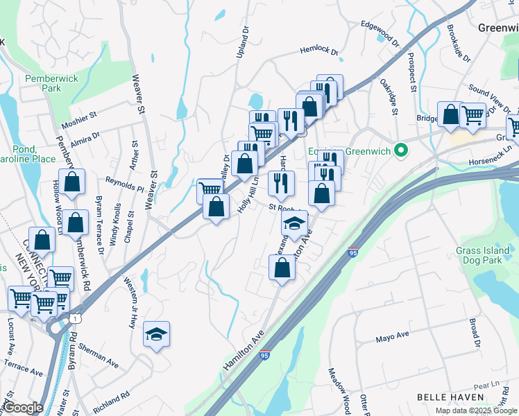 map of restaurants, bars, coffee shops, grocery stores, and more near 12 Lyon Avenue in Greenwich