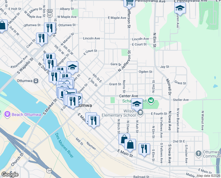 map of restaurants, bars, coffee shops, grocery stores, and more near 698 Spring Street in Ottumwa