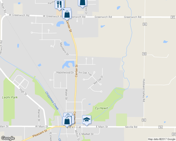 map of restaurants, bars, coffee shops, grocery stores, and more near 110 Pin Oak Trail in Seville