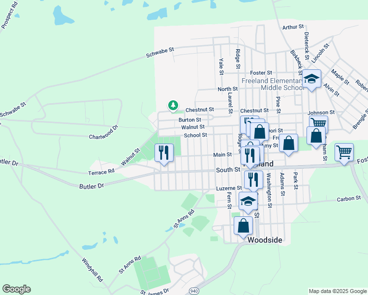 map of restaurants, bars, coffee shops, grocery stores, and more near 615 Hemlock Street in Freeland