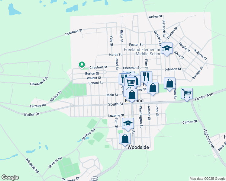 map of restaurants, bars, coffee shops, grocery stores, and more near 604 Fern St in Freeland