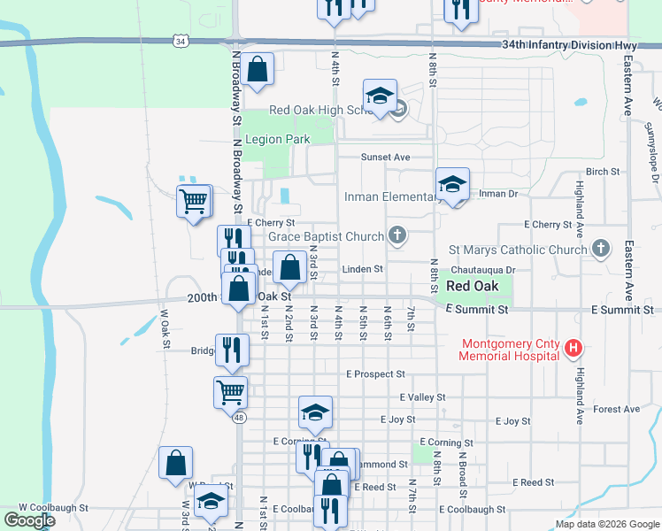 map of restaurants, bars, coffee shops, grocery stores, and more near 301 Linden Street in Red Oak