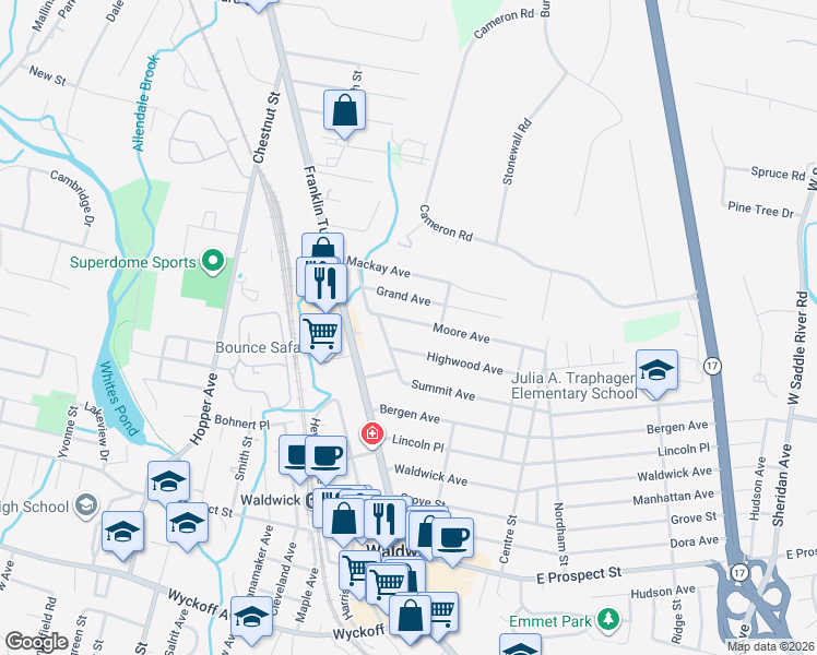 map of restaurants, bars, coffee shops, grocery stores, and more near 30 Moore Avenue in Waldwick