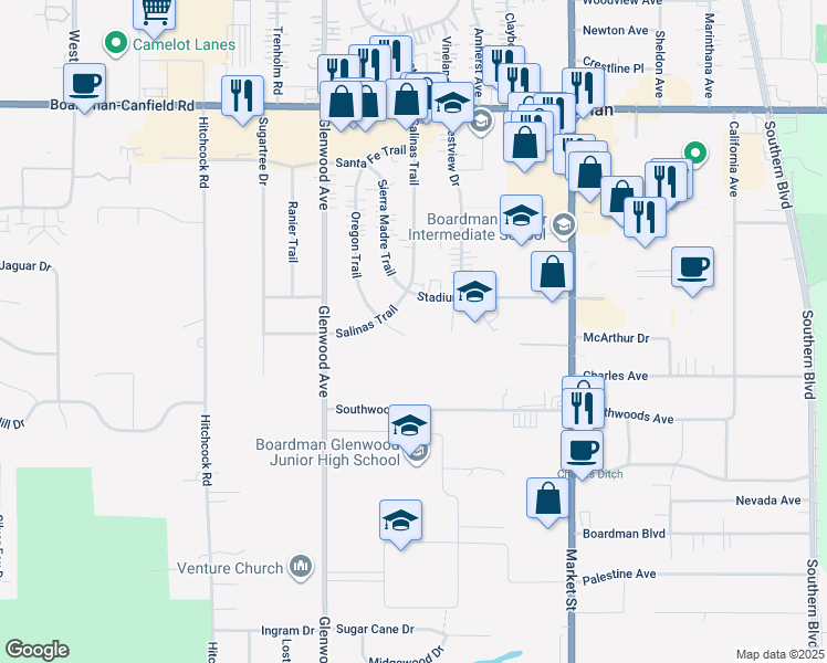 map of restaurants, bars, coffee shops, grocery stores, and more near 7515 Oregon Trail in Youngstown