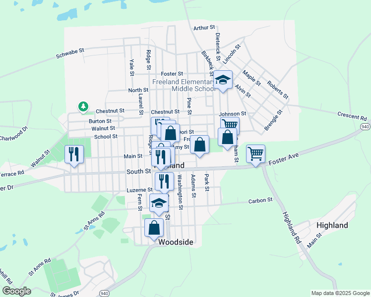 map of restaurants, bars, coffee shops, grocery stores, and more near 627 Main Street in Freeland