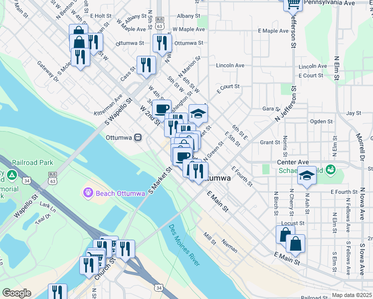 map of restaurants, bars, coffee shops, grocery stores, and more near 109 North Market Street in Ottumwa