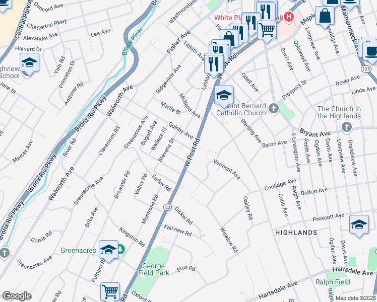map of restaurants, bars, coffee shops, grocery stores, and more near 256 West Post Road in White Plains