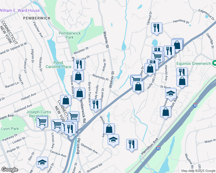 map of restaurants, bars, coffee shops, grocery stores, and more near 19 Weaver Street in Greenwich