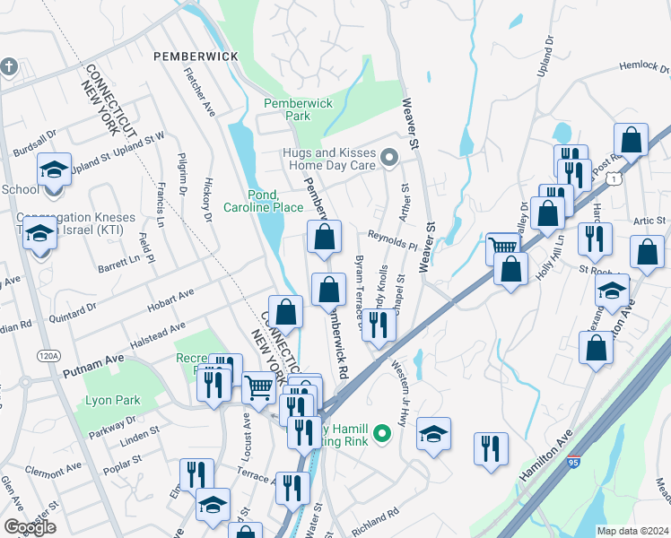 map of restaurants, bars, coffee shops, grocery stores, and more near 51 Pemberwick Road in Greenwich