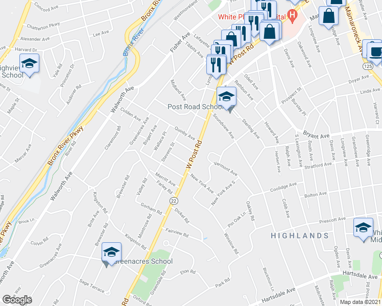 map of restaurants, bars, coffee shops, grocery stores, and more near 272 West Post Road in White Plains