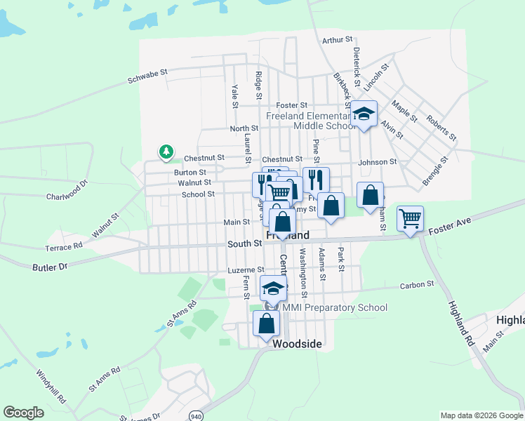 map of restaurants, bars, coffee shops, grocery stores, and more near 841 Main Street in Freeland