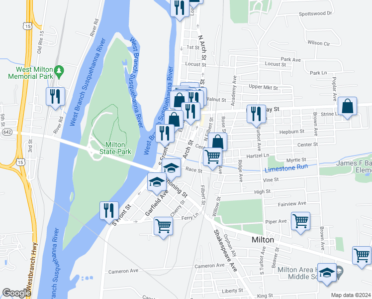 map of restaurants, bars, coffee shops, grocery stores, and more near 155 South Arch Street in Milton