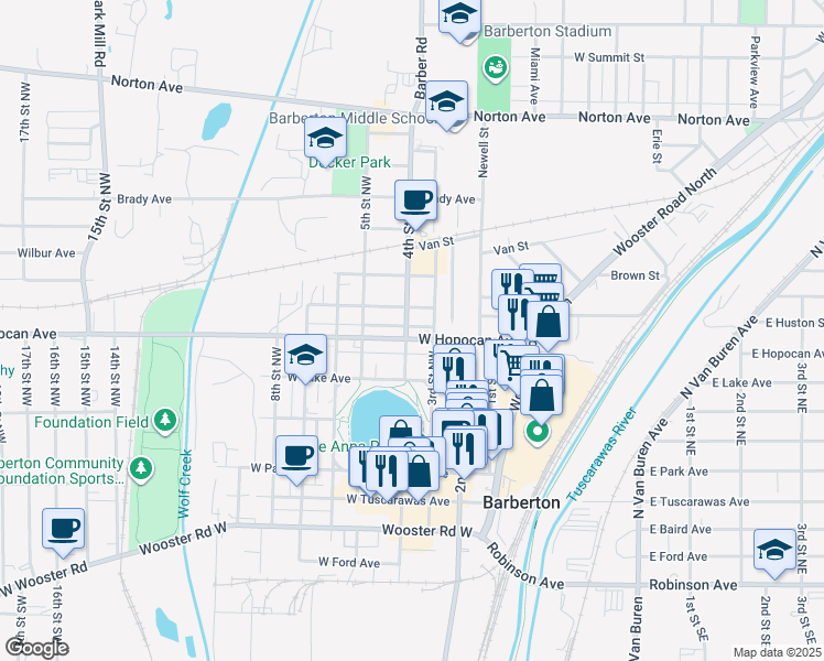 map of restaurants, bars, coffee shops, grocery stores, and more near 532 West Hopocan Avenue in Barberton