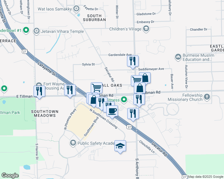 map of restaurants, bars, coffee shops, grocery stores, and more near 1565-1599 East Tillman Road in Fort Wayne