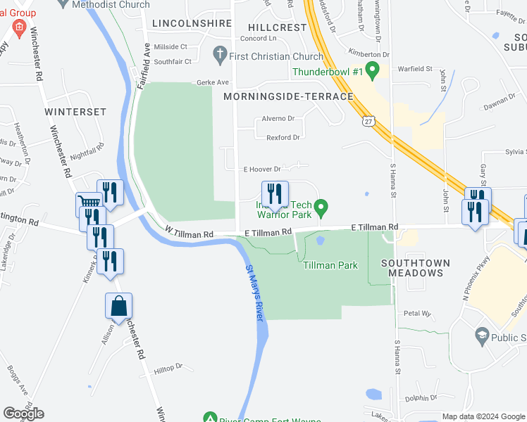 map of restaurants, bars, coffee shops, grocery stores, and more near 223 East Tillman Road in Fort Wayne