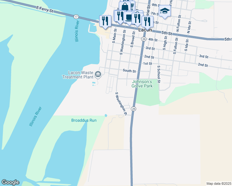 map of restaurants, bars, coffee shops, grocery stores, and more near 718 South Washington Street in Lacon
