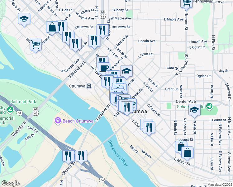 map of restaurants, bars, coffee shops, grocery stores, and more near 104 South Market Street in Ottumwa
