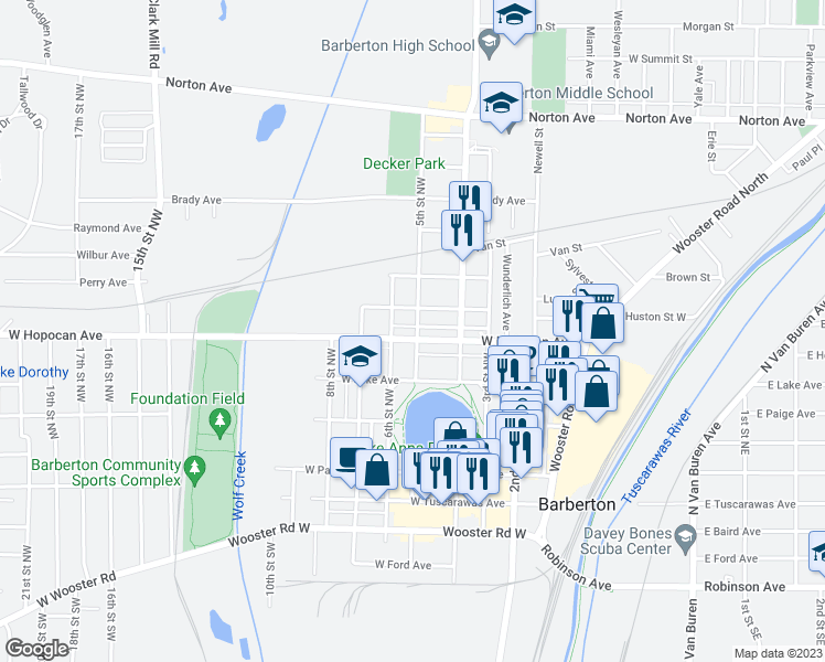 map of restaurants, bars, coffee shops, grocery stores, and more near 601 West Hopocan Avenue in Barberton