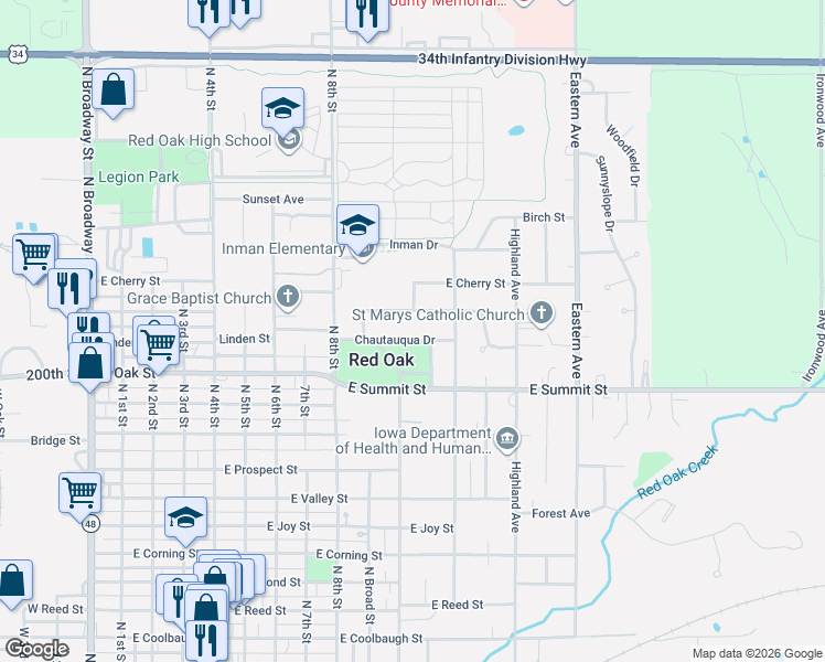 map of restaurants, bars, coffee shops, grocery stores, and more near 1007 Chautauqua Drive in Red Oak