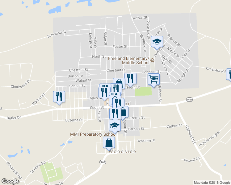 map of restaurants, bars, coffee shops, grocery stores, and more near 648 Centre Street in Freeland