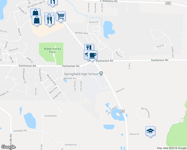 map of restaurants, bars, coffee shops, grocery stores, and more near 2960 Sanitarium Road in Akron
