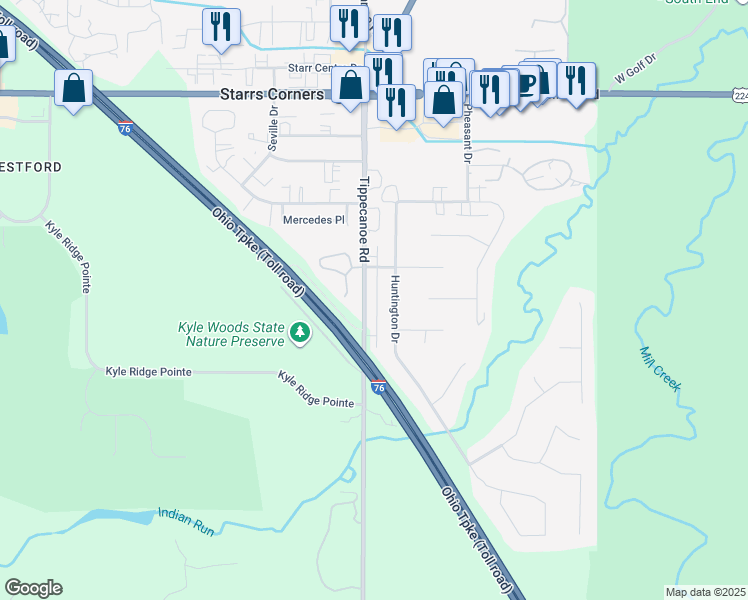 map of restaurants, bars, coffee shops, grocery stores, and more near 7616 Huntington Drive in Youngstown